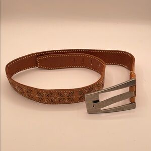 Genuine Leather Belt with Silver Buckle Intricate Stitching Detailing Western